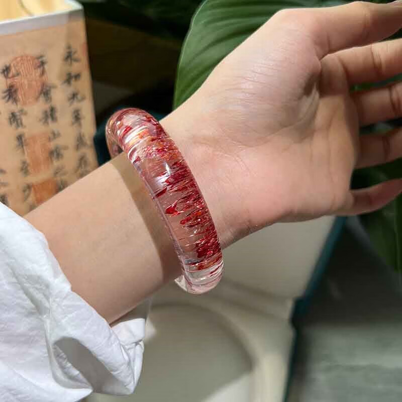 手镯红发晶金草莓镯子女宽版古风平安镯饰 精品红发晶手镯内径54-55mm