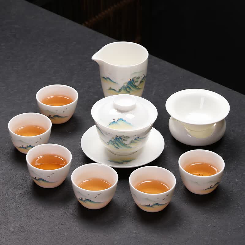 陶尚吟千里江山羊脂玉白瓷功夫茶具套装家用轻奢高端陶瓷盖碗茶杯2023款 千里江山盖碗10件高性价比高么？