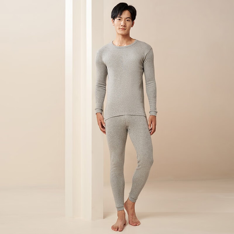 宜而爽 男女士情侣100%全棉秋衣秋裤套装圆领打底纯棉毛衫纯棉保暖内衣 男款 浅麻灰 2XL