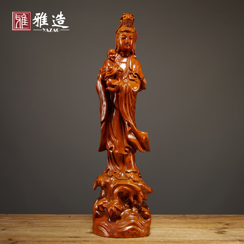 汐缘匠心 花梨木雕观音佛像摆件实木观世音菩萨家居供奉装饰摆设工艺