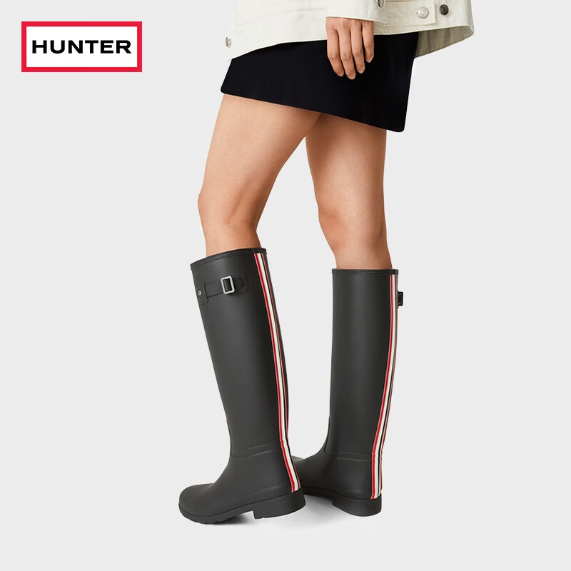 hunter女士refined精致高筒靴三色条纹沿条款防水防滑女靴 黑色/blk