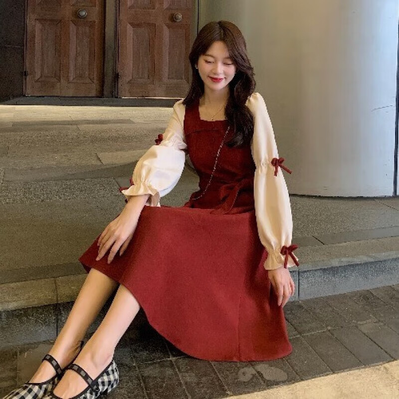 少女小个子温柔早初春季初中生装2024新款长裙茶歇法式 红色裙子新年