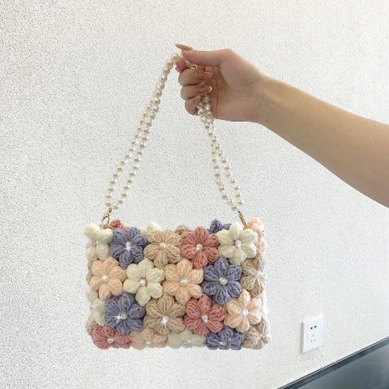 仝品手工diy编织包花朵包珍珠自制材料包毛线钩织成品