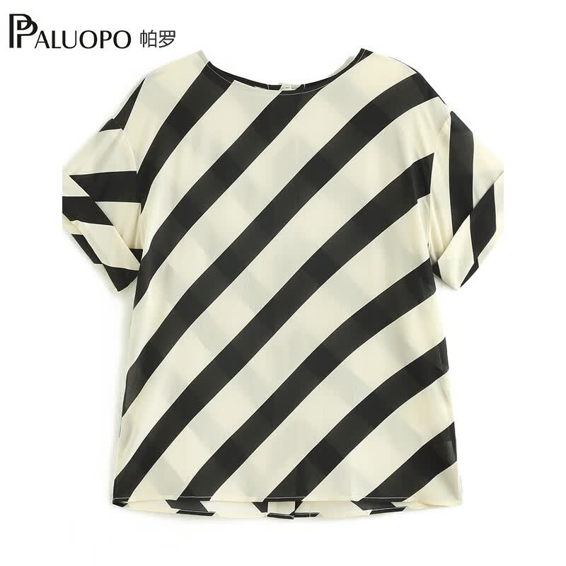 帕罗(PALUOPO)14姆米双绉真丝短袖t恤女条纹印花圆领100%桑蚕丝森休闲t体恤上衣 米黑 2XL (175/96A)