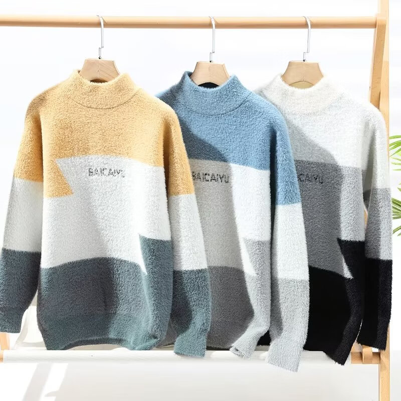 JIAYE半高领毛衣男秋冬季休闲保暖衣仿貂款加绒针织衫毛线衣渐变打底衫 黑色 XL 【115-130斤】