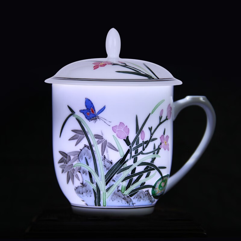 苗苗红茶杯陶瓷高级釉下五彩纯手绘泡茶水杯子春节会议商务礼品定制CZY 兰花红-锦盒470ml1只