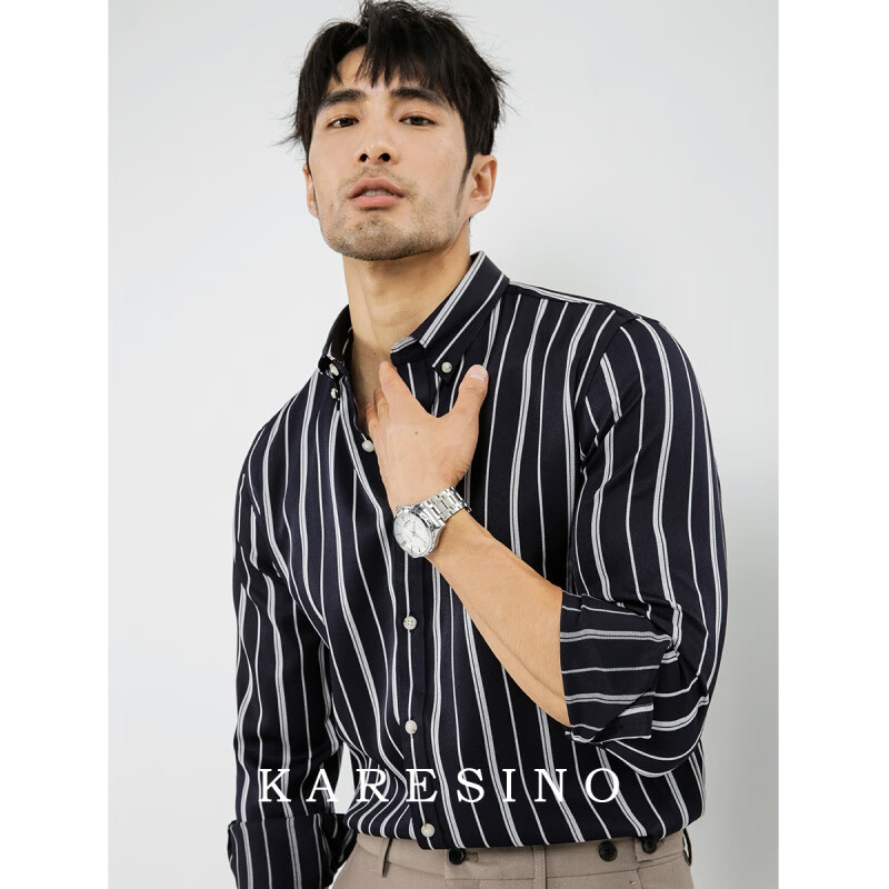 no韩版感条纹长袖衬衫男正装商务男士抗皱免烫休闲衬衣男装 蓝黑色 s