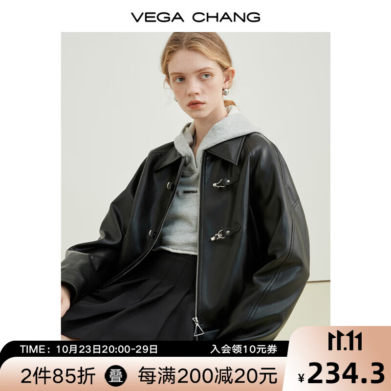 VEGA CHANG机车皮衣女秋2023年新款韩版bf风一字扣PU皮夹克外套 黑色 S高性价比高么？