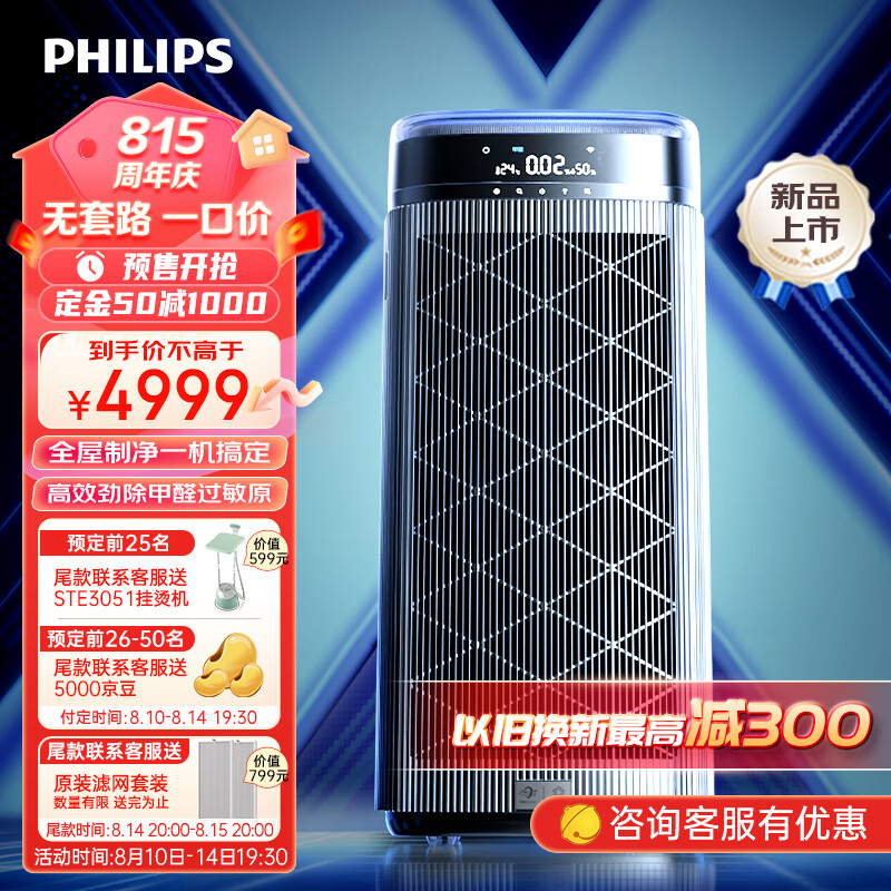 飞利浦（PHILIPS）智能空气净化器除甲醛分解雾霾过敏原异味家用卧室母婴低躁除菌X净化大师 AC9008/00