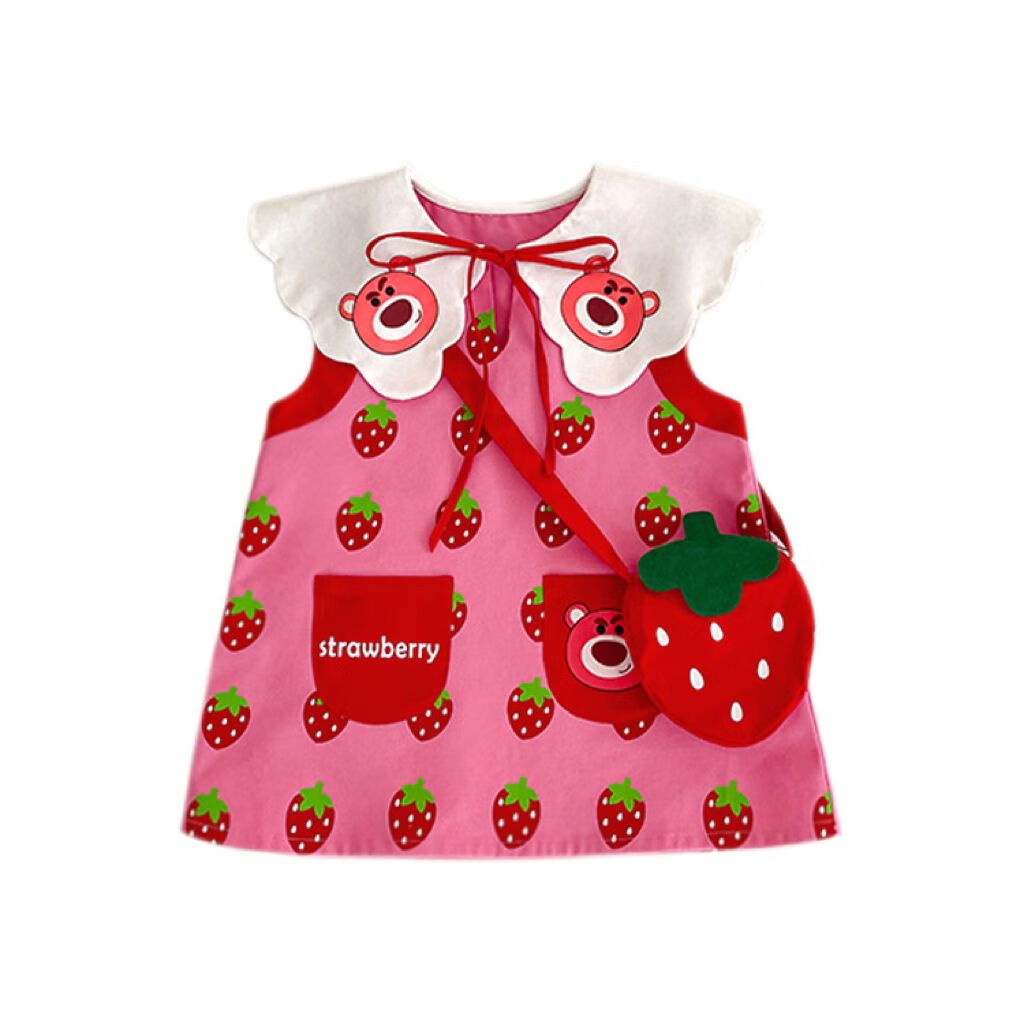 grosfairy女童草莓大翻领无袖背心裙夏季新款童装宝宝可爱卡通连衣裙