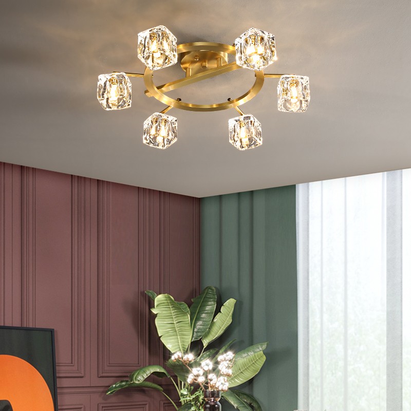ninLED北欧全铜客厅吸顶灯 时尚多头后现代轻奢卧室灯 温馨圆形LED水晶照明房间顶灯 6头直径52CM 暖光