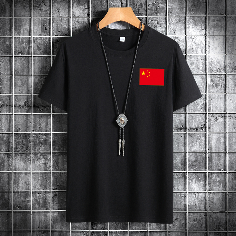 夏季短袖T恤男中国风宽松纯棉上衣服新款国旗印花体恤 黑色 3XL