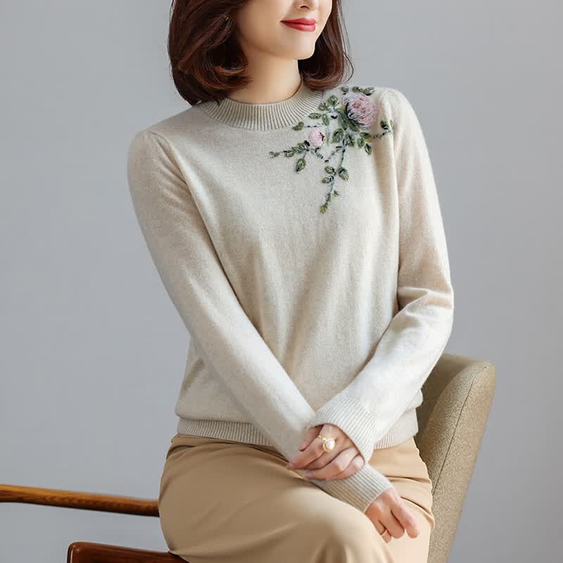 素丝五祁立体羊绒纱线绣花毛衣 半高领气质羊绒衫 保暖针织上衣女 SY3857 本色254 XL