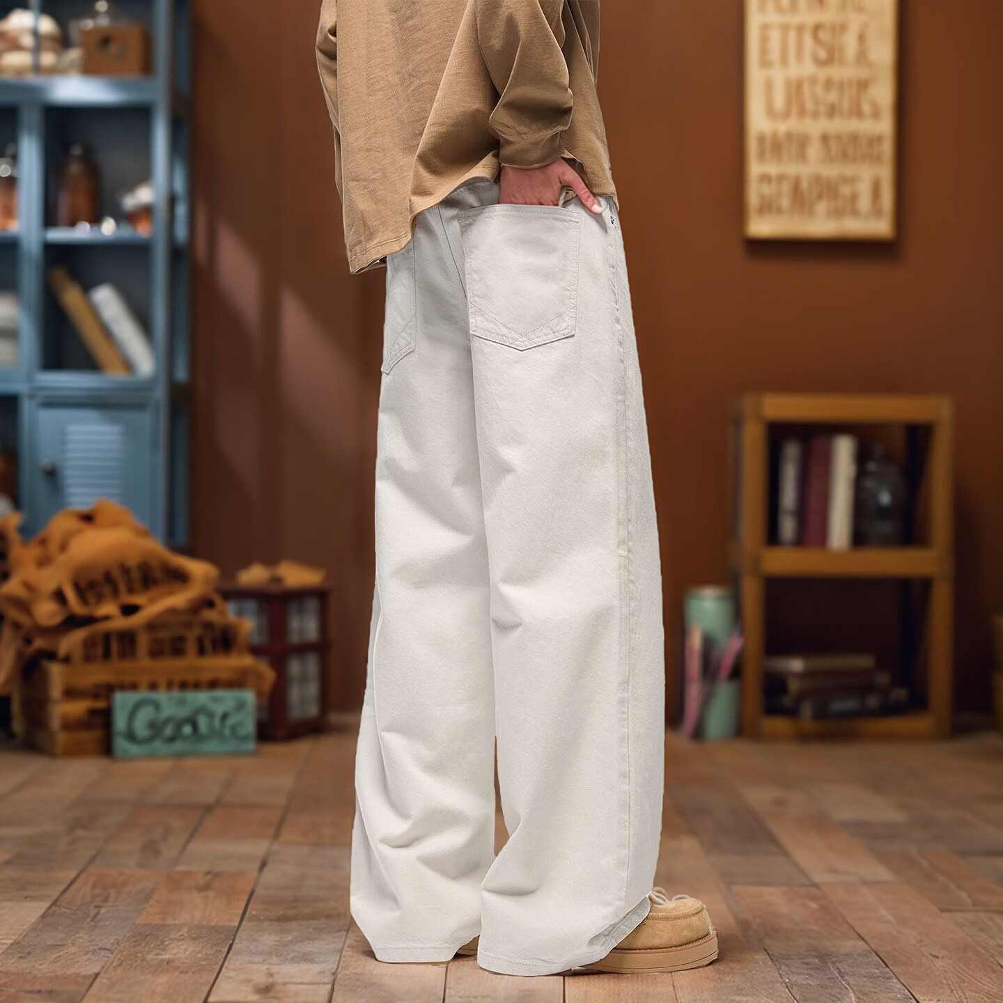美式高端白色牛仔裤男宽松直筒阔脚长裤2026春夏新款拖地高街裤子 米色 8630 31 建议141-155斤