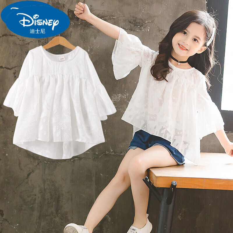 迪士尼（Disney）女童短袖t恤2023新款夏季洋气夏款炸街中大童儿童装雪纺上衣夏装 白色上衣 110建议身高100-110cm（3-4岁）
