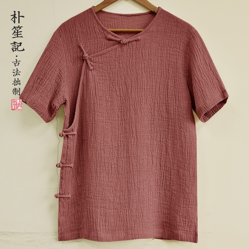 朴笙记原创亚麻衬衫薄短袖上衣斜襟古装禅服男士宽松大码民国短褂 砖