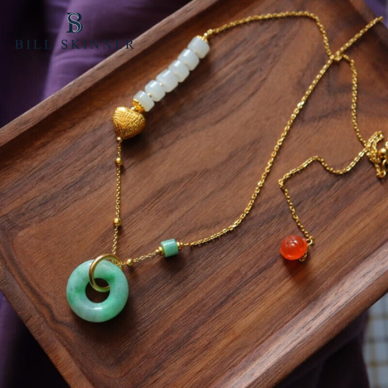 bill skinner925银镀金手工艺a货翡翠平安扣和田白玉可调节24寸项链