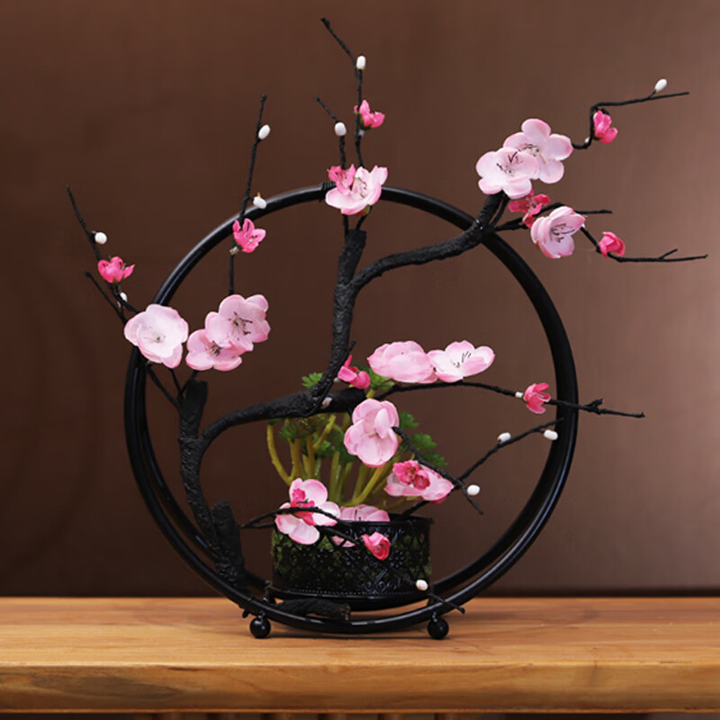 新中式仿真梅花铁艺盆景摆件室内装饰花假花客厅玄关软装饰品摆设 粉