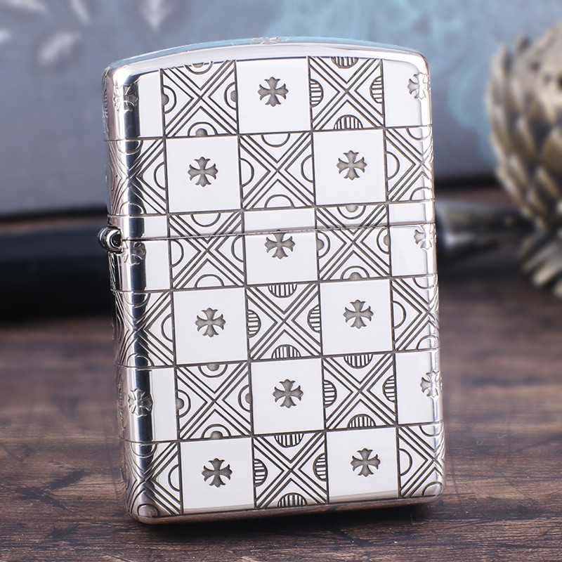 zippo之宝打火机纯银外壳加厚盔甲五面方格子克罗心几何十字花男礼物