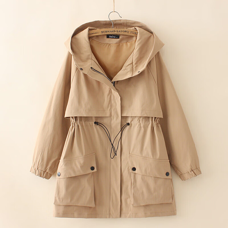 200斤中长款春秋加大显瘦胖妹妹宽松秋装收腰连帽 卡其色 xl(胸围108)