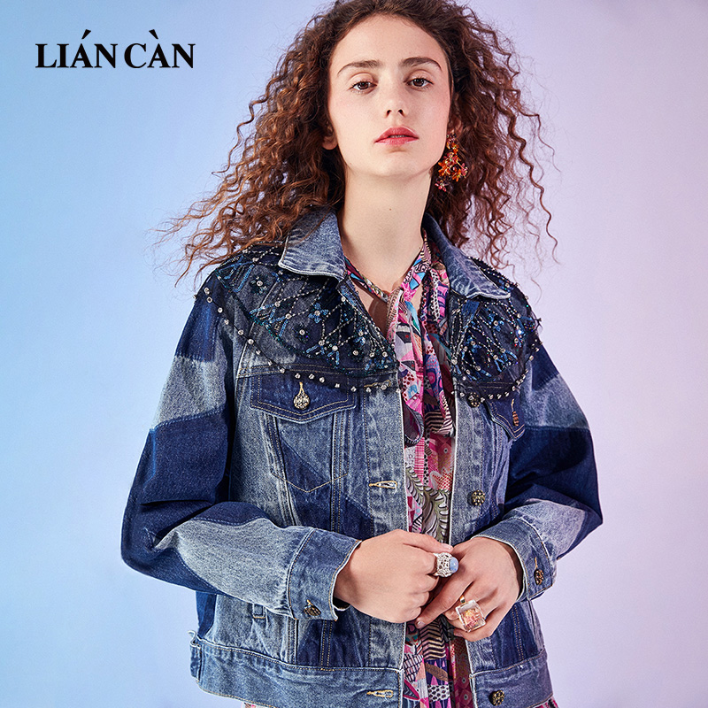 莲灿2023春季新休闲个性设计感刺绣撞色牛仔长袖外套女 牛仔蓝 s