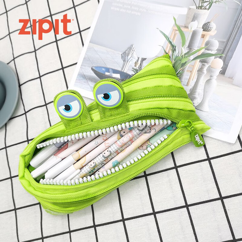 ZIPIT 可爱怪兽拉链笔袋文具ins网红个性搞怪铅笔盒学生文具袋收纳 野性大眼绿色中号