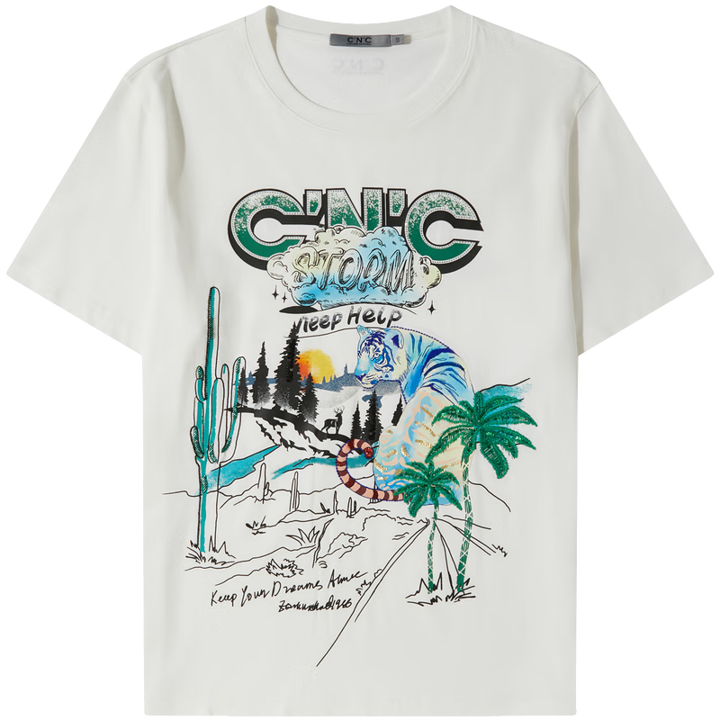 C’N’C【奢侈品衣服】cnc男裝春夏新款短袖T恤趣味印花圓領(lǐng)套頭內(nèi)搭 白色 48 /S/(170/88A)