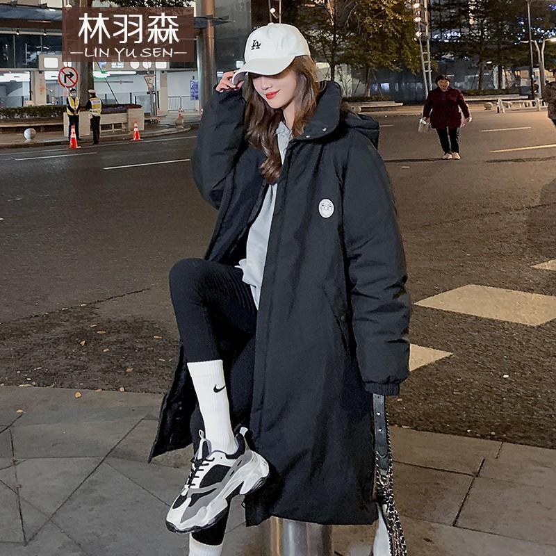 林羽森冬季棉服女学生中长款过膝韩版宽松加厚女士棉袄冬装外套棉衣冬 黑色 L（推荐135-150斤）