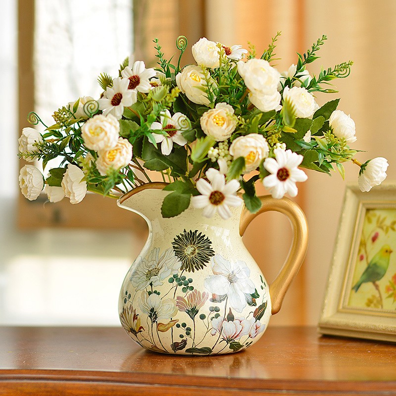 插花美式彩绘餐桌干花家居装饰复古花艺 春暖花开 奶白雏菊玫瑰套装