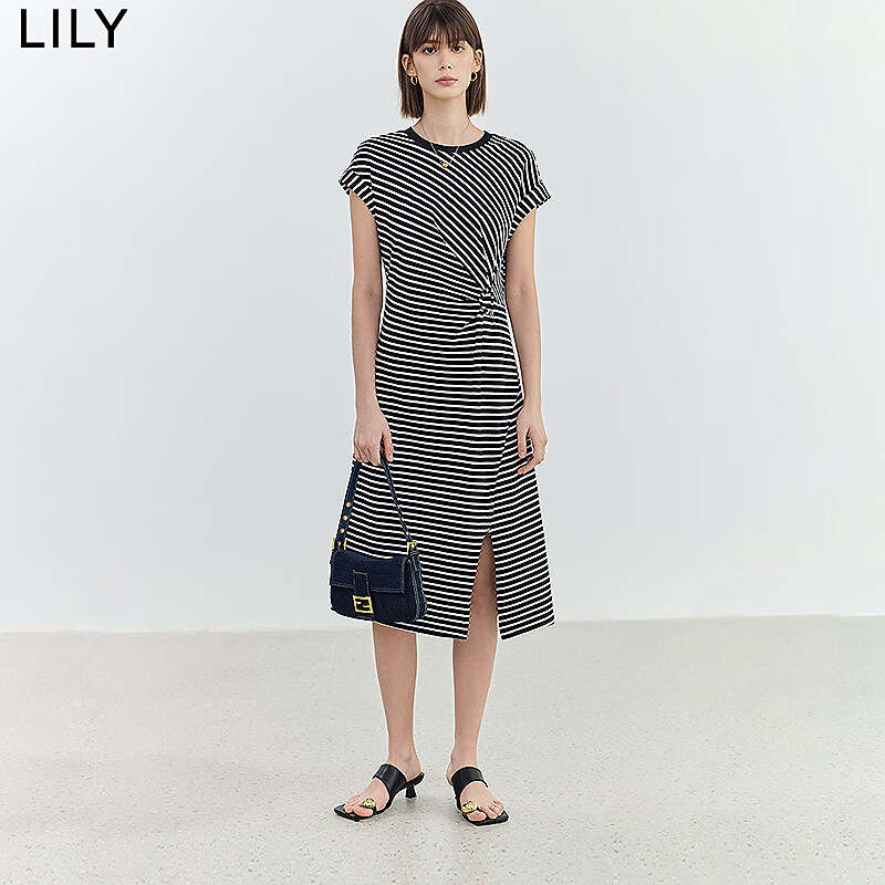 LILY【商场同款】夏新款女装复古条纹通勤款休闲修身连衣裙女 510黑 M