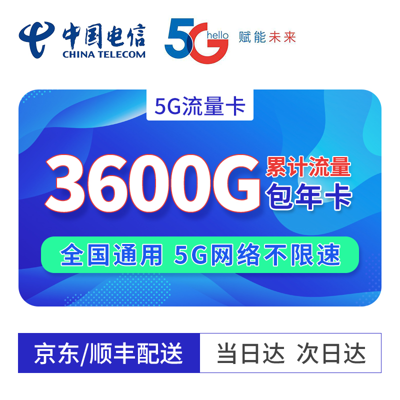 中国电信 5G纯流量卡全国不限速通用流量0月租CPE路由器 电信5G流量套餐：1年累计3600G流量（不清零）