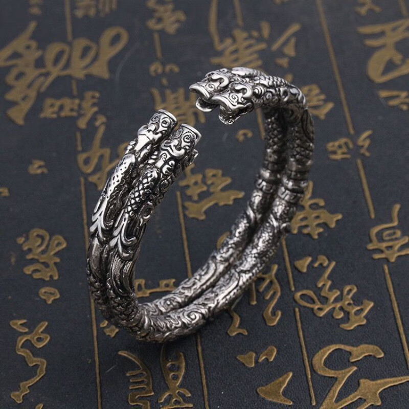 坚银沙海张日山手镯老九门佛爷二响环男女复古双龙头开口手镯 双环会