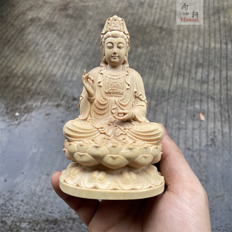 岭空小叶黄杨木雕观音菩萨家用坐莲花观音佛像观世音佛堂观音摆件