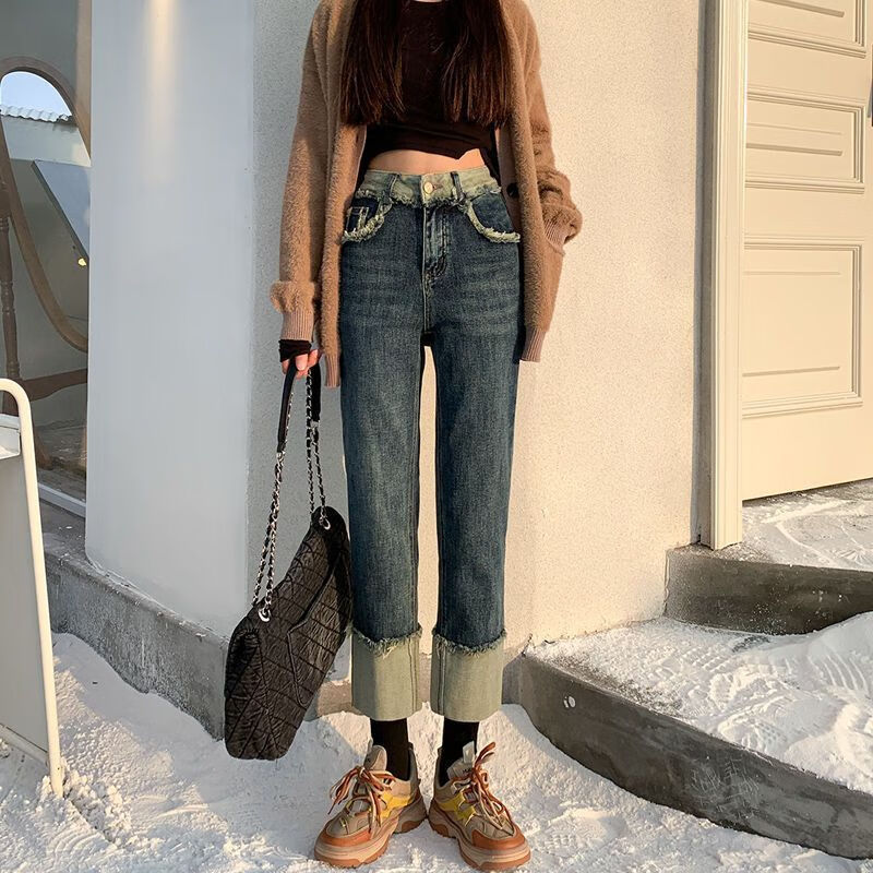 裤秋冬款复古卷边直筒牛仔裤女高腰显瘦宽松八九分裤小个子显瘦翻边烟