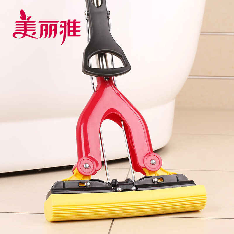 美丽雅对折胶棉地拖家用厨房浴室吸水拖把懒人免手洗墩布拖地神器一拖净 加强杆可伸缩共2拖头28CM