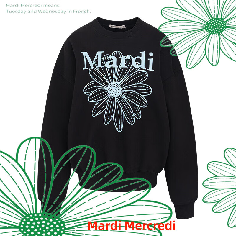 OEING&amp;mardi官方直营mardi卫衣小雏菊男女秋冬加绒薄款董洁印花刺绣 新款黑色蓝花印花国内现货 均码