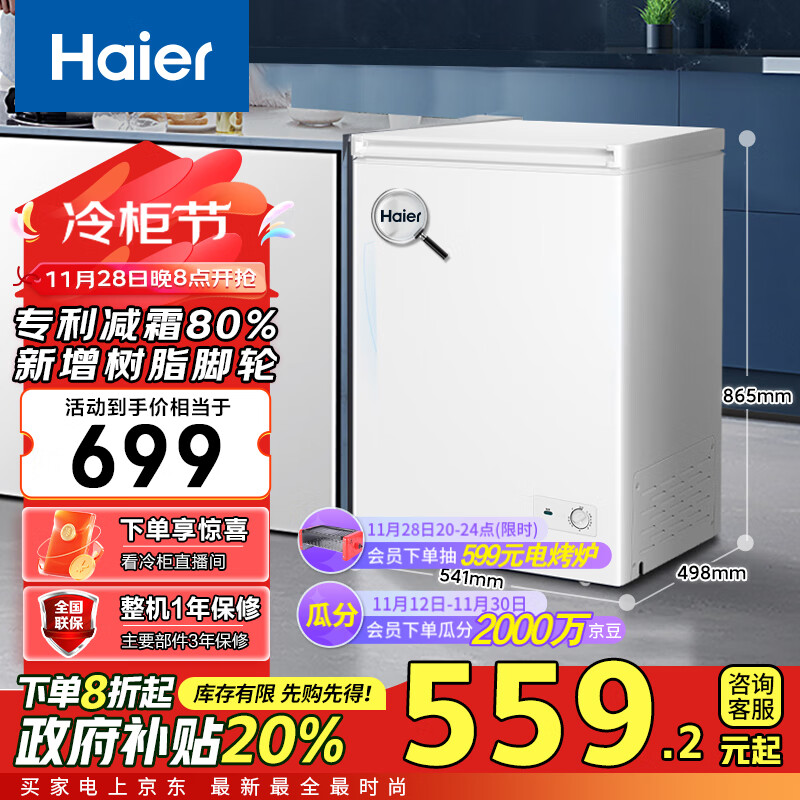 海尔（Haier）100升一级能效低霜小冰柜家用商用冷藏柜冷冻柜小型租房用小冰箱小型冷柜BC/BD-100GHDT国补换新