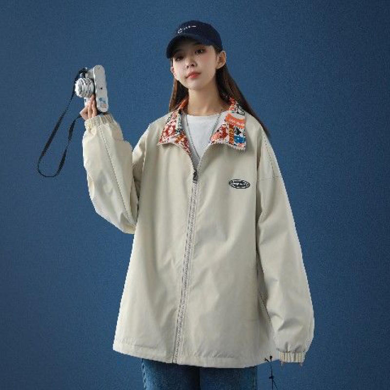 两面穿外套女新款春秋季百搭夹克女生宽松日系工装棒球服上衣 杏色 s