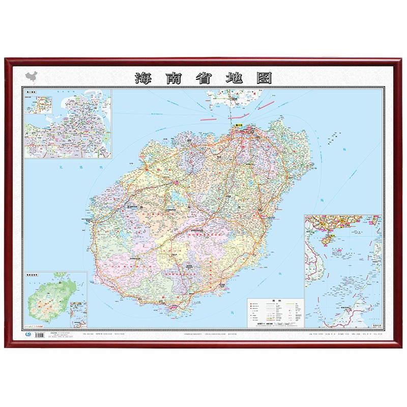 【定制边框】2022年 海南省地图 带框 约1.1米*0.8米 红棕色边框
