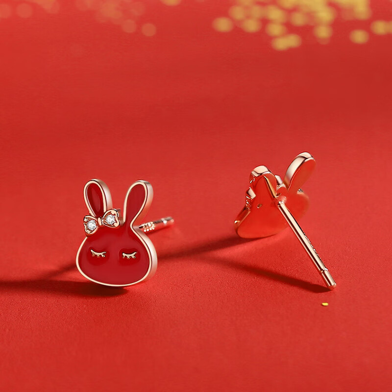 珀芙诺原创蝴蝶结温感兔子耳钉女银玫瑰金国潮本命年创意可爱闺蜜耳环