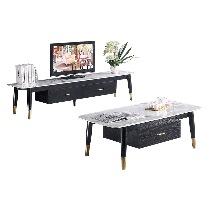 DC客厅电视柜 茶几组合中式简欧小户型后现代轻奢实木 大理石地柜深色系可储物收纳柜 电视柜