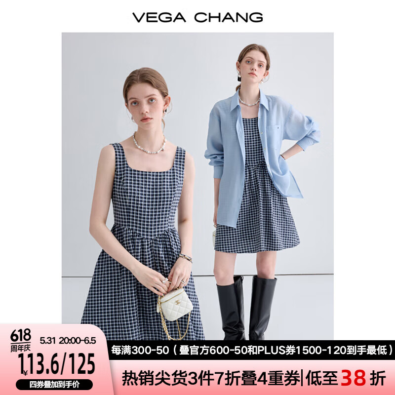 VEGA CHANG吊带连衣裙女2024年夏季新款小个子复古撞色格纹A字裙 藏蓝格 S