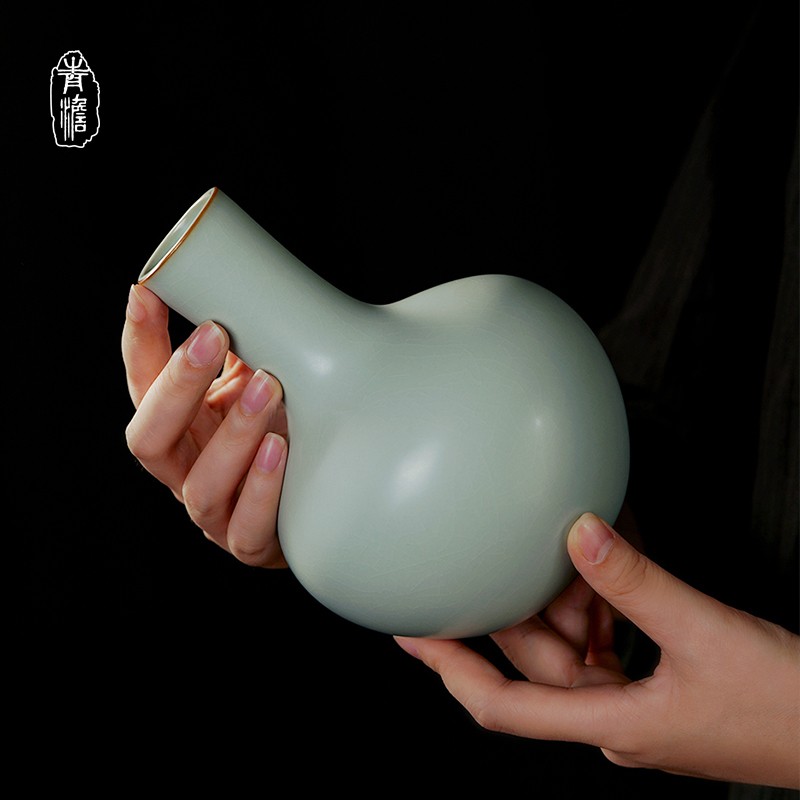 青澹汝窑瓶瓷手工汝窑高档陶瓷摆件晶莹釉面天青色承露瓶 承露瓶 天
