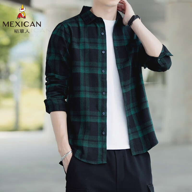 稻草人休闲衬衫男棉质衬衣外套男青年长袖工装上衣修身型休闲百搭格子