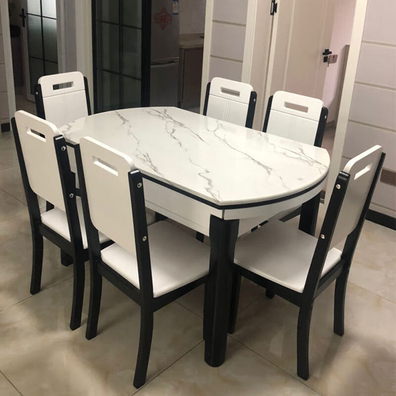 大理石餐桌椅组合可伸缩折叠现代简约家用小户型吃饭圆桌 劳伦白金
