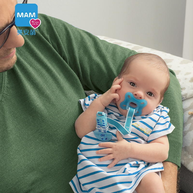 美安萌MAM comfort全硅胶安抚奶嘴一体0-6个月新生儿婴儿超软新扁头超轻 湖蓝色 0-3个月 1只装