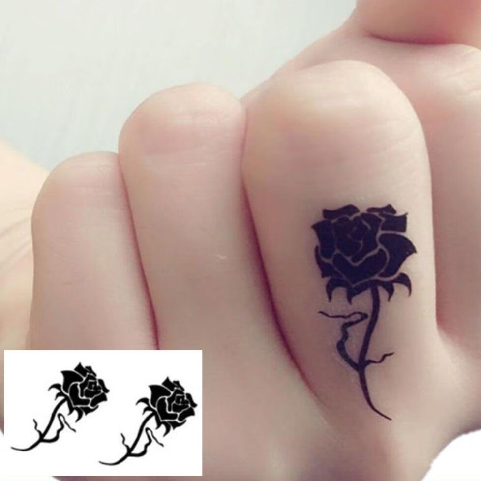 千色集黑色玫瑰花纹身贴防水女指上小图案洗不掉的遮疤痕贴纸 主图款