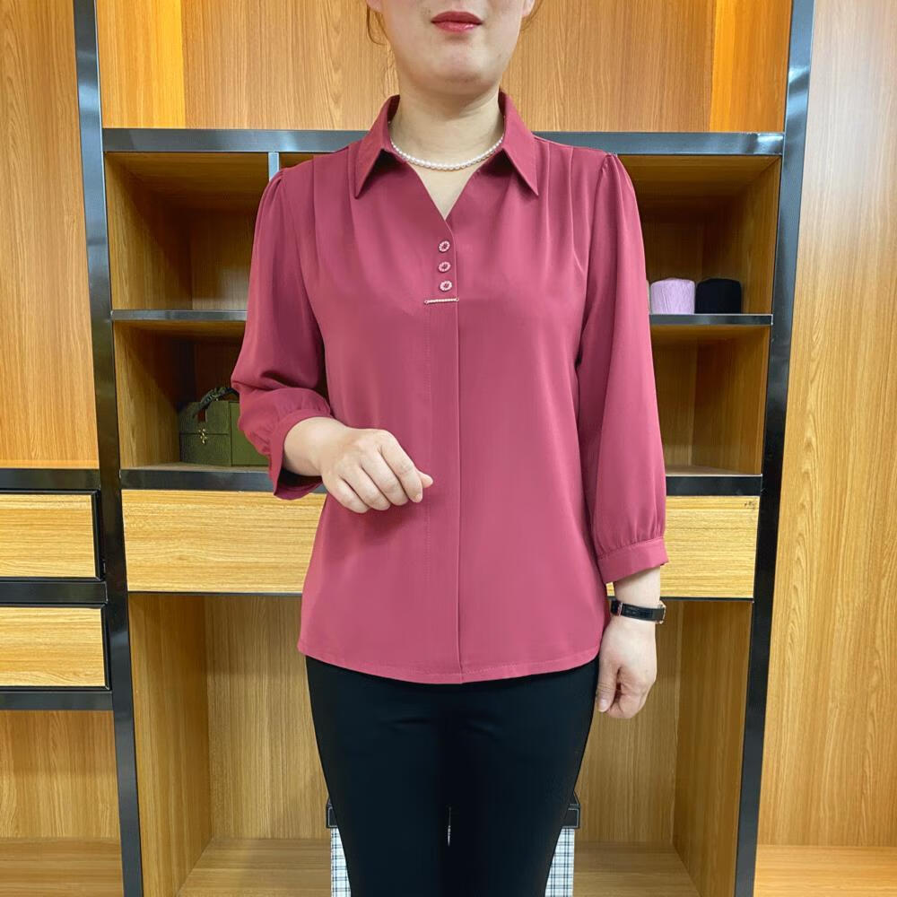 洋气小方领纯色小衫中年人女士休闲衬衣 皮粉色 好面料 xl号90-115斤