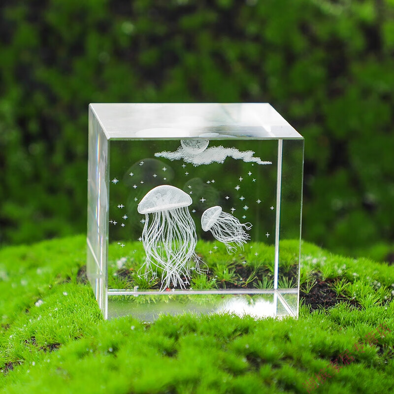 水母摆件创意方体水晶海洋生物海豚水母办公室桌面装饰品 4cm方体梦幻