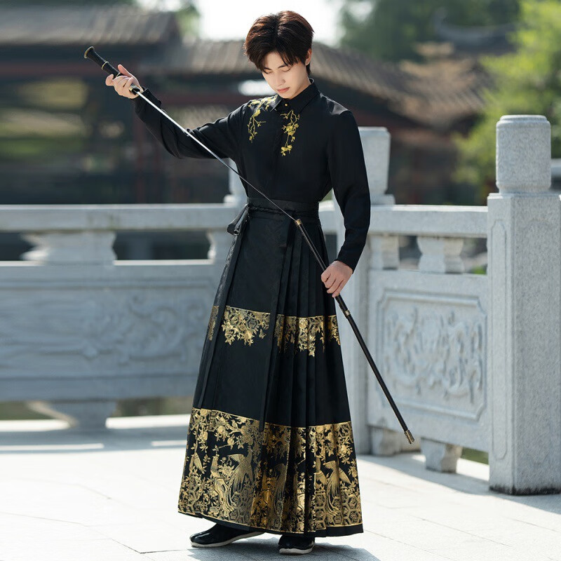 fanqi马面裙全套新中式男新款织金日常汉服衬衣高品质黑金情侣 1对